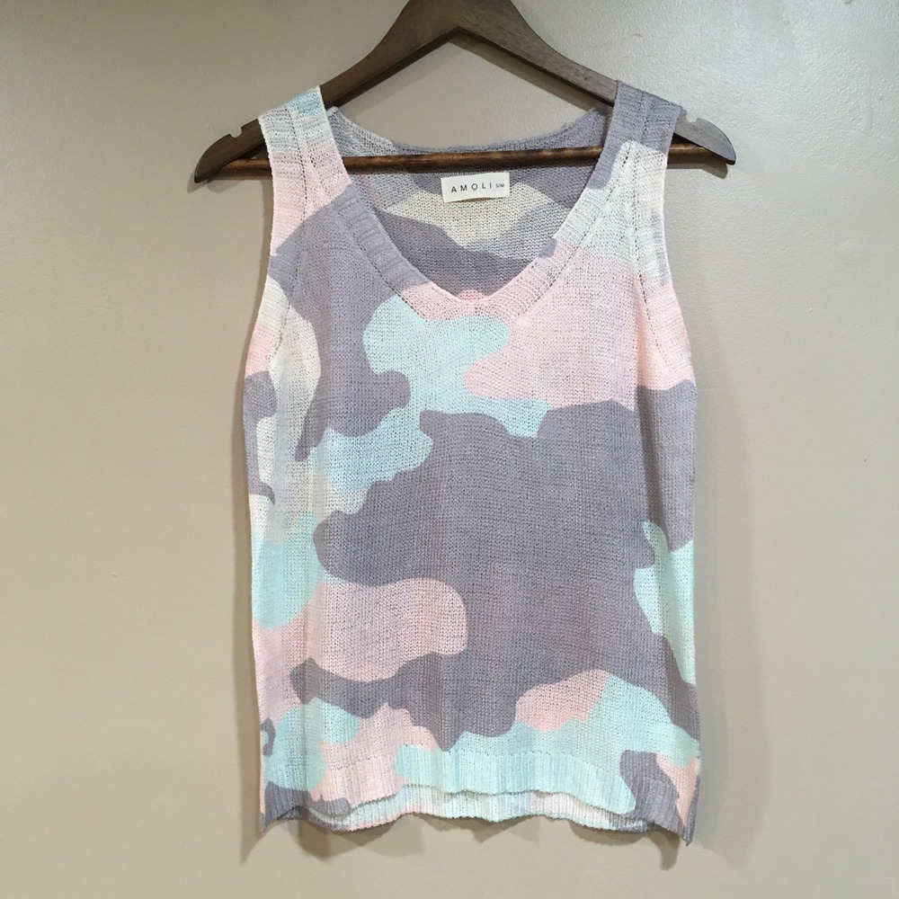 Amoli‎ Camo Knit Tank Top Womens S/M Pastel Gray Pink Green Boho Festival Grunge